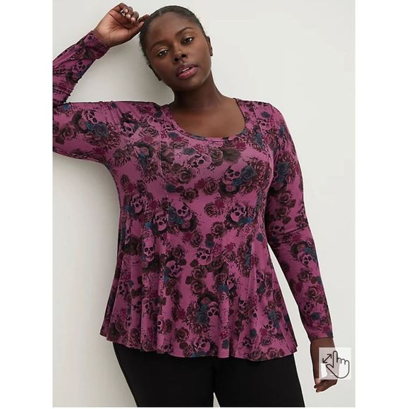 NWT Torrid Women Plus Long Sleeve Fit & Flare Shirt Purple Skulls Rose Floral 10 - Picture 6 of 7